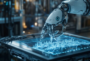 Robotic hand manipulating a holographic blue data map on a glass touchscreen in a high-tech lab.