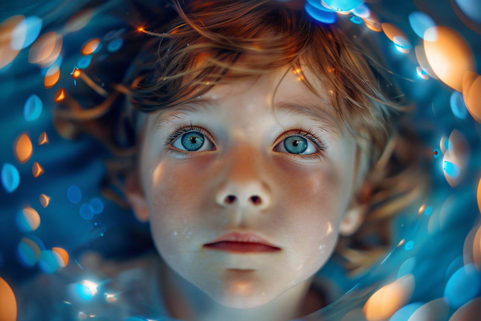 Close-up of a child’s face looking upward with bright blue eyes, surrounded by blue and orange bokeh lights.