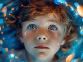 Close-up of a child’s face looking upward with bright blue eyes, surrounded by blue and orange bokeh lights.