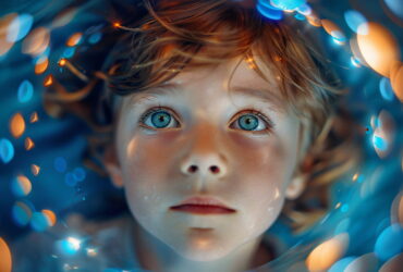Close-up of a child’s face looking upward with bright blue eyes, surrounded by blue and orange bokeh lights.