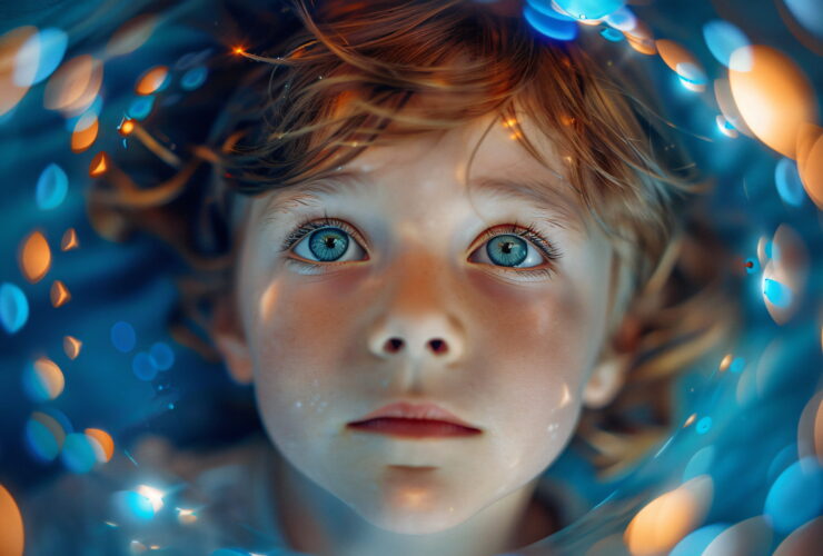 Close-up of a child’s face looking upward with bright blue eyes, surrounded by blue and orange bokeh lights.