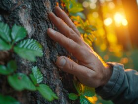 Hands gently touching rough tree bark in a sunlit forest during golden hour, with green leaves nearby.