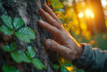 Hands gently touching rough tree bark in a sunlit forest during golden hour, with green leaves nearby.