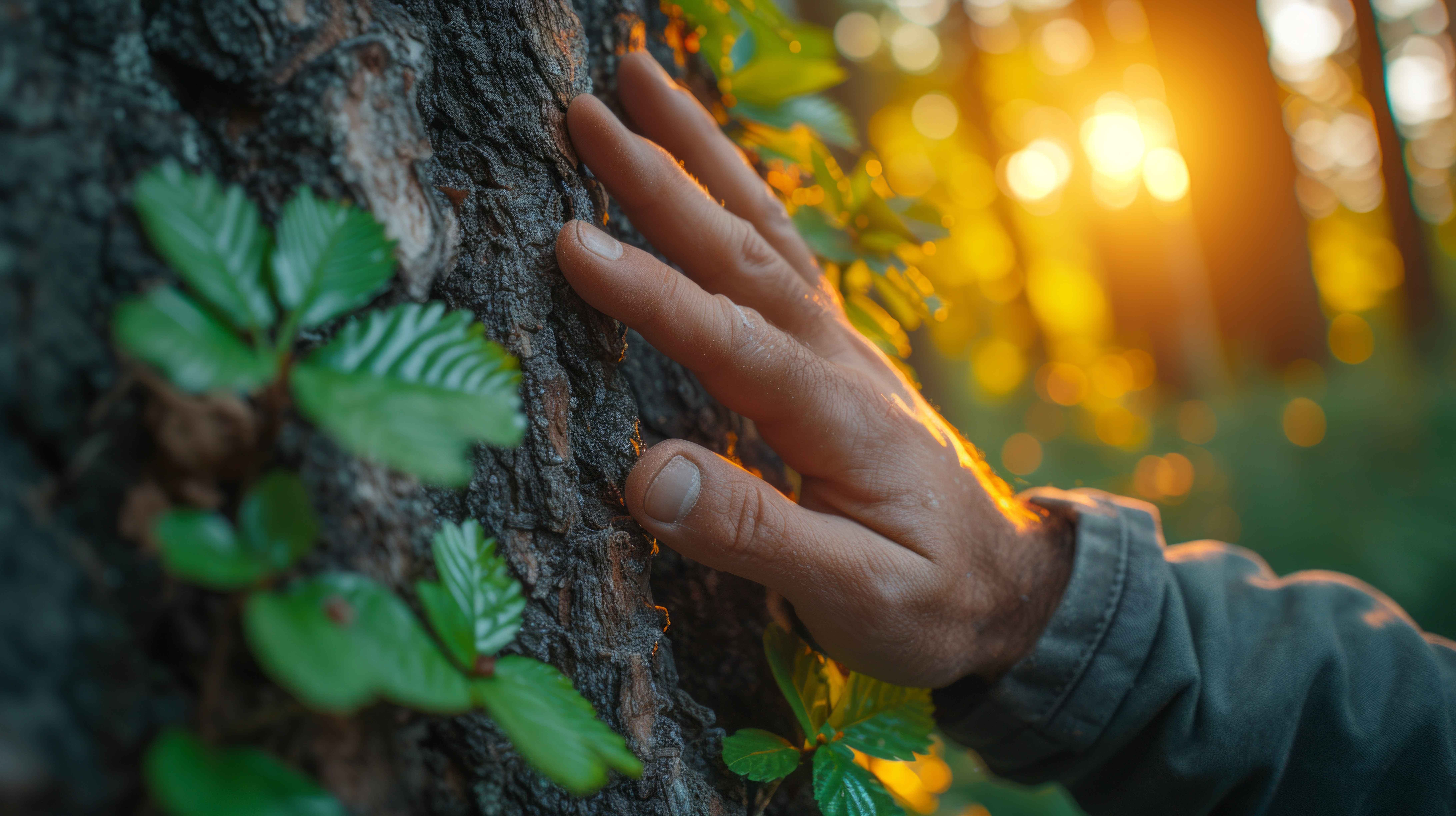 Hands gently touching rough tree bark in a sunlit forest during golden hour, with green leaves nearby.