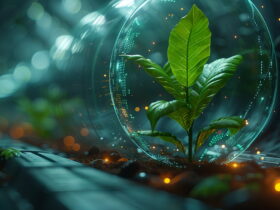 Small green plant growing inside a transparent glass dome with a futuristic teal background and floating lights.
