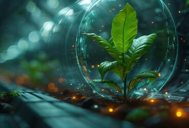 Small green plant growing inside a transparent glass dome with a futuristic teal background and floating lights.