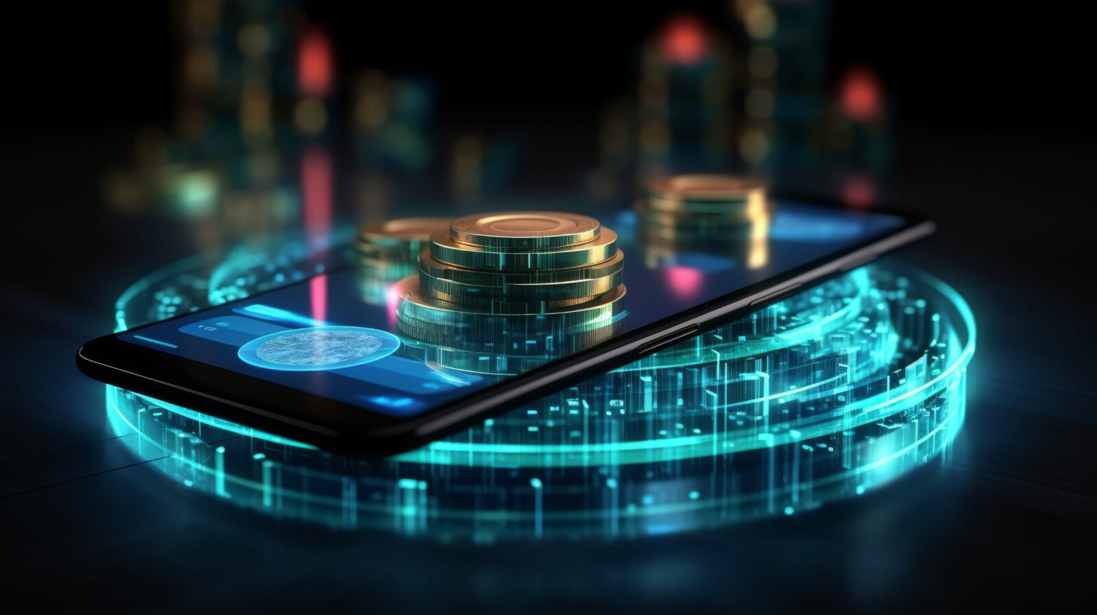 Stack of gold coins on top of a smartphone displaying a neon financial interface.