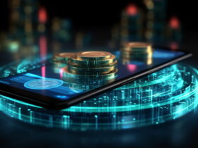 Stack of gold coins on top of a smartphone displaying a neon financial interface.
