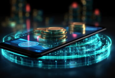 Stack of gold coins on top of a smartphone displaying a neon financial interface.