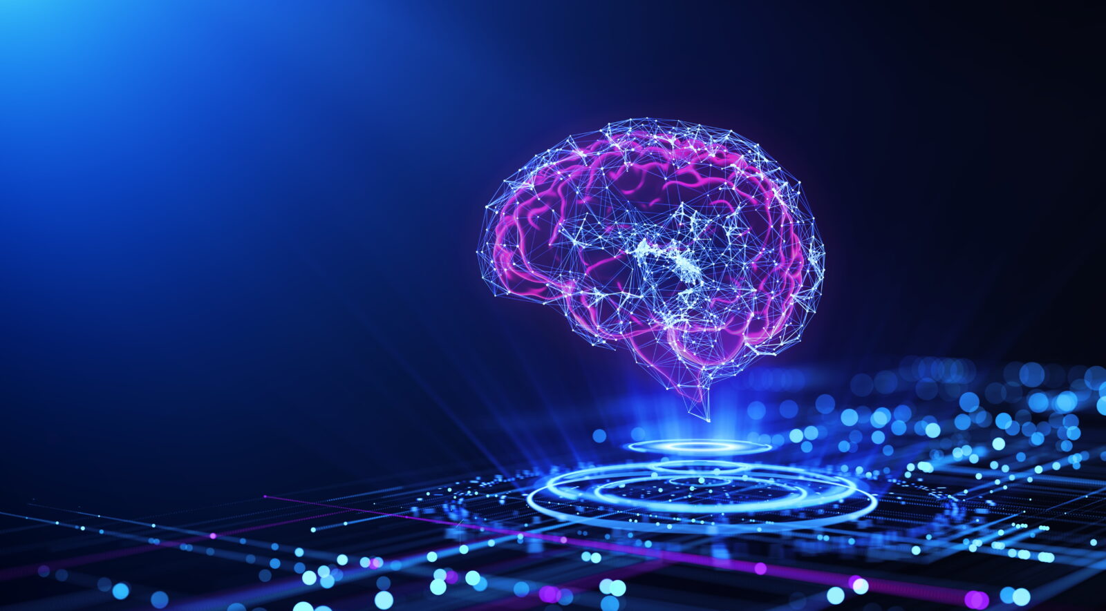 Abstract digital brain formed by interconnected blue lines and pink nodes against a dark blue background.