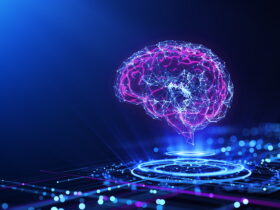 Abstract digital brain formed by interconnected blue lines and pink nodes against a dark blue background.