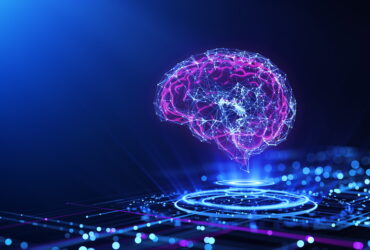 Abstract digital brain formed by interconnected blue lines and pink nodes against a dark blue background.