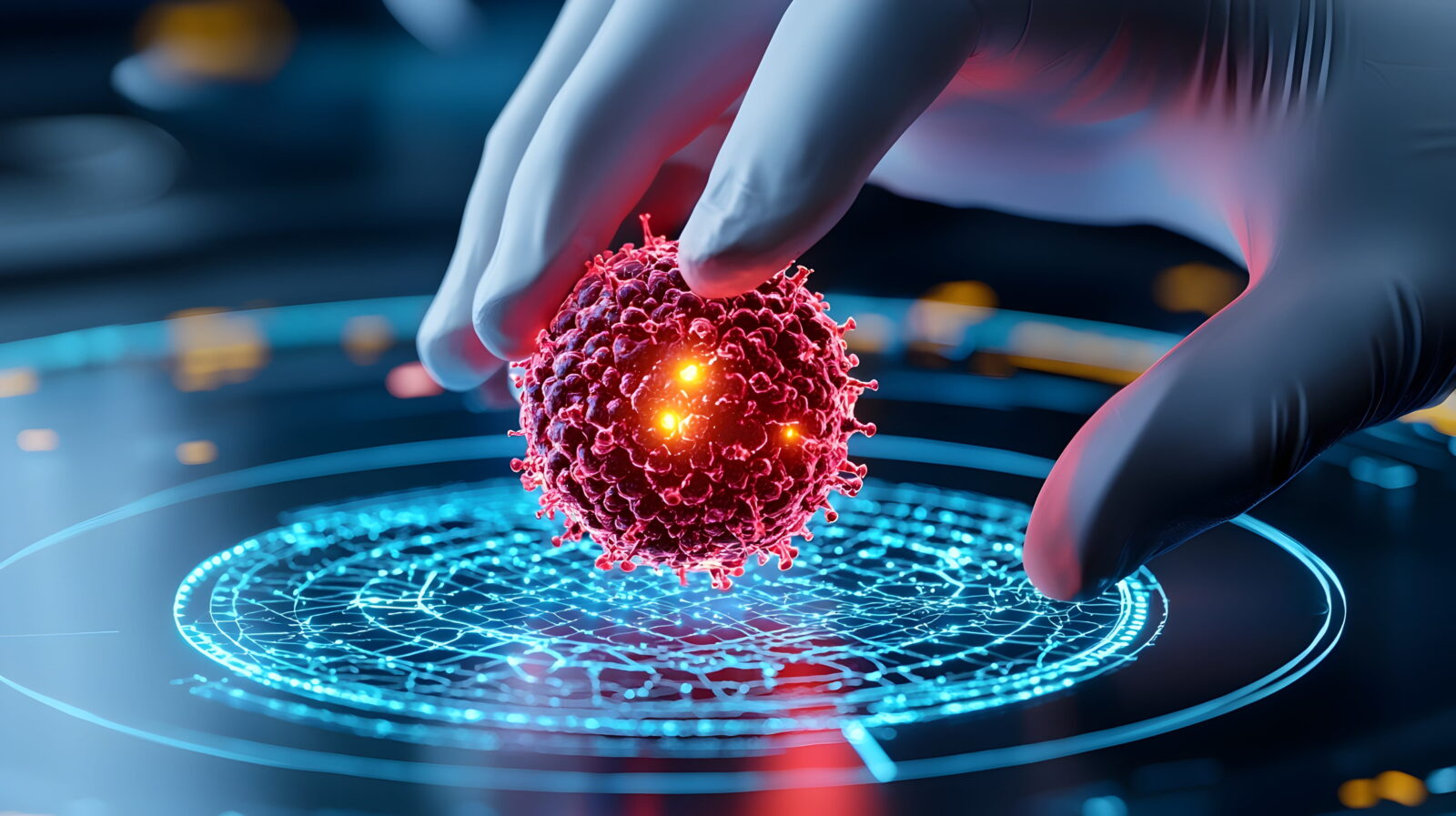 Gloved fingers holding a glowing red virus-like particle over a neon blue holographic circle in a lab setting.
