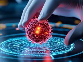 Gloved fingers holding a glowing red virus-like particle over a neon blue holographic circle in a lab setting.