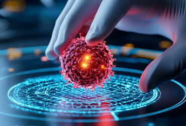 Gloved fingers holding a glowing red virus-like particle over a neon blue holographic circle in a lab setting.