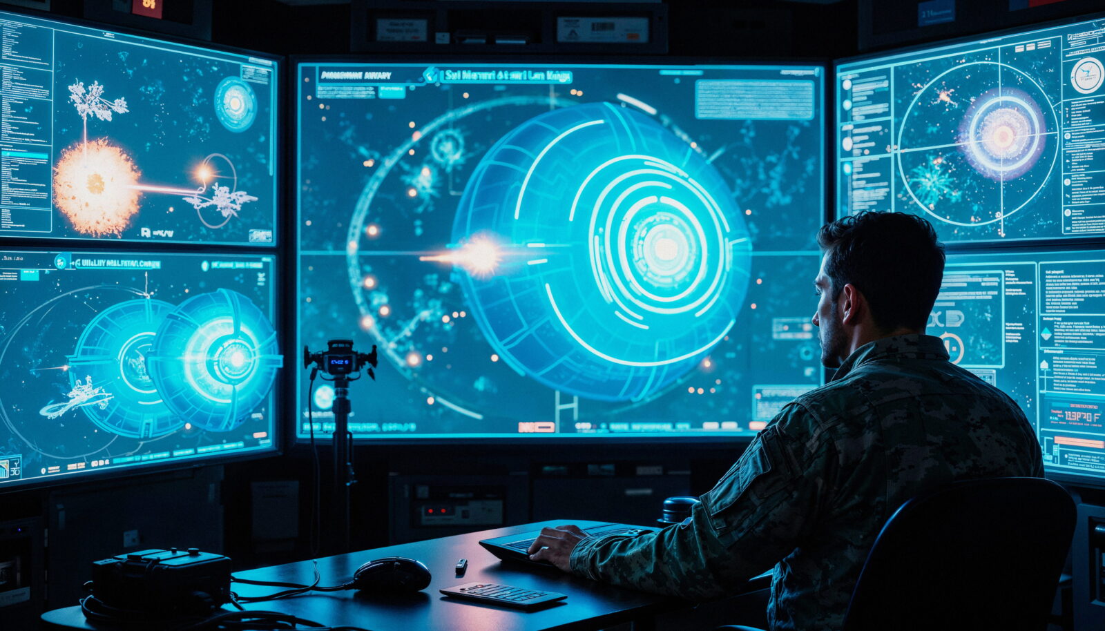 A person in camouflage uniform sits at a desk, monitoring a wall of glowing blue holographic screens with circular radar graphics.