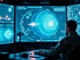 A person in camouflage uniform sits at a desk, monitoring a wall of glowing blue holographic screens with circular radar graphics.