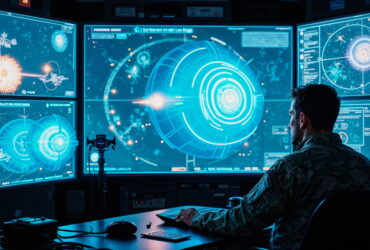 A person in camouflage uniform sits at a desk, monitoring a wall of glowing blue holographic screens with circular radar graphics.