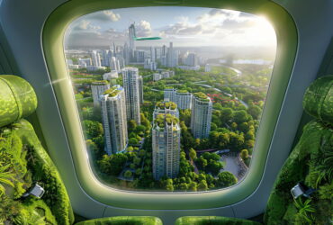 Interior of a futuristic green aircraft with a large window, overlooking a lush city of tall glass skyscrapers and parks.