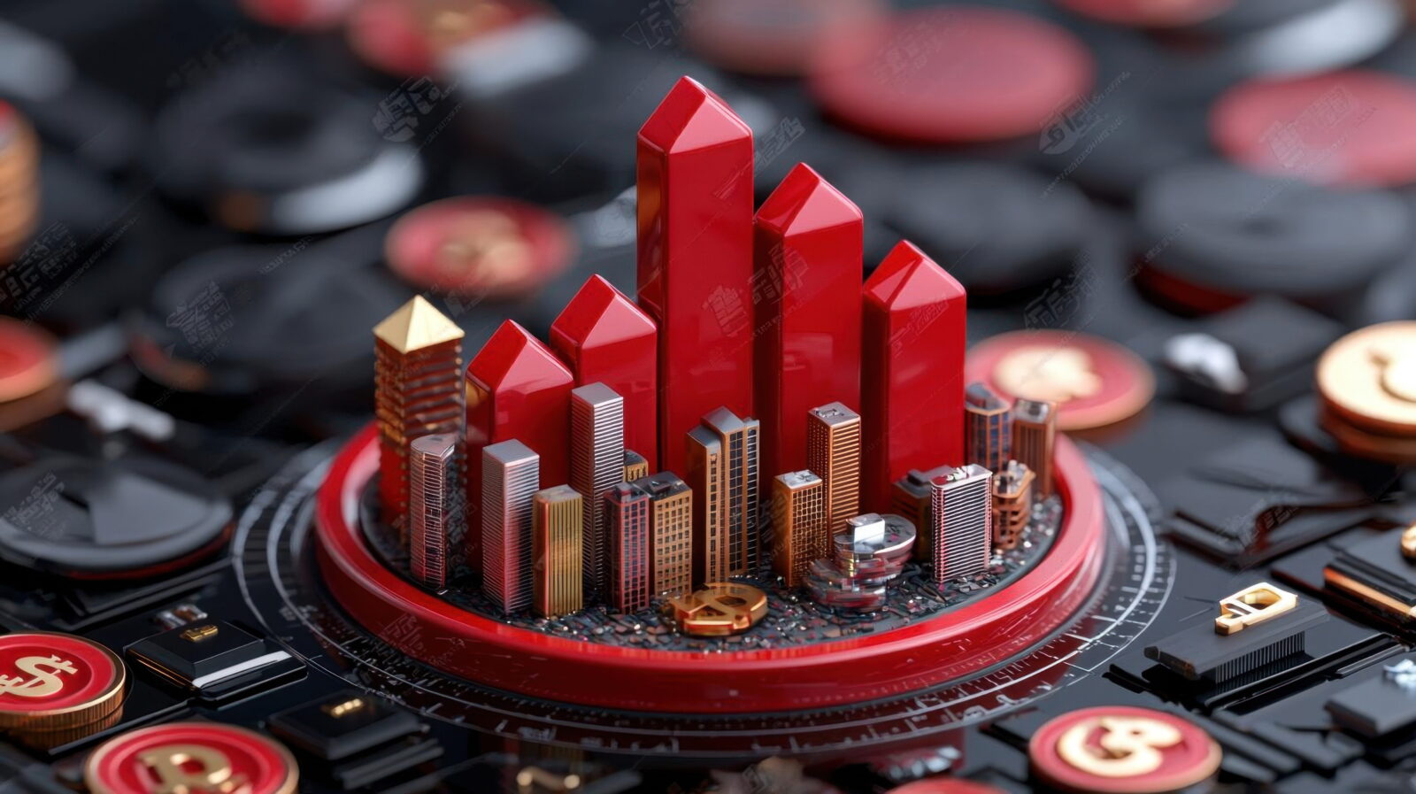 Red and gold miniature city skyline rising from a circular platform on a dark tech-themed surface.