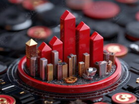 Red and gold miniature city skyline rising from a circular platform on a dark tech-themed surface.