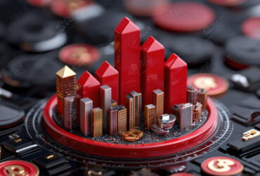 Red and gold miniature city skyline rising from a circular platform on a dark tech-themed surface.