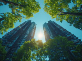 Tall apartment buildings framed by green trees, viewed from ground level with a bright blue sky and sunflare in the center.