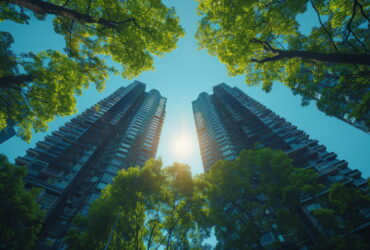 Tall apartment buildings framed by green trees, viewed from ground level with a bright blue sky and sunflare in the center.