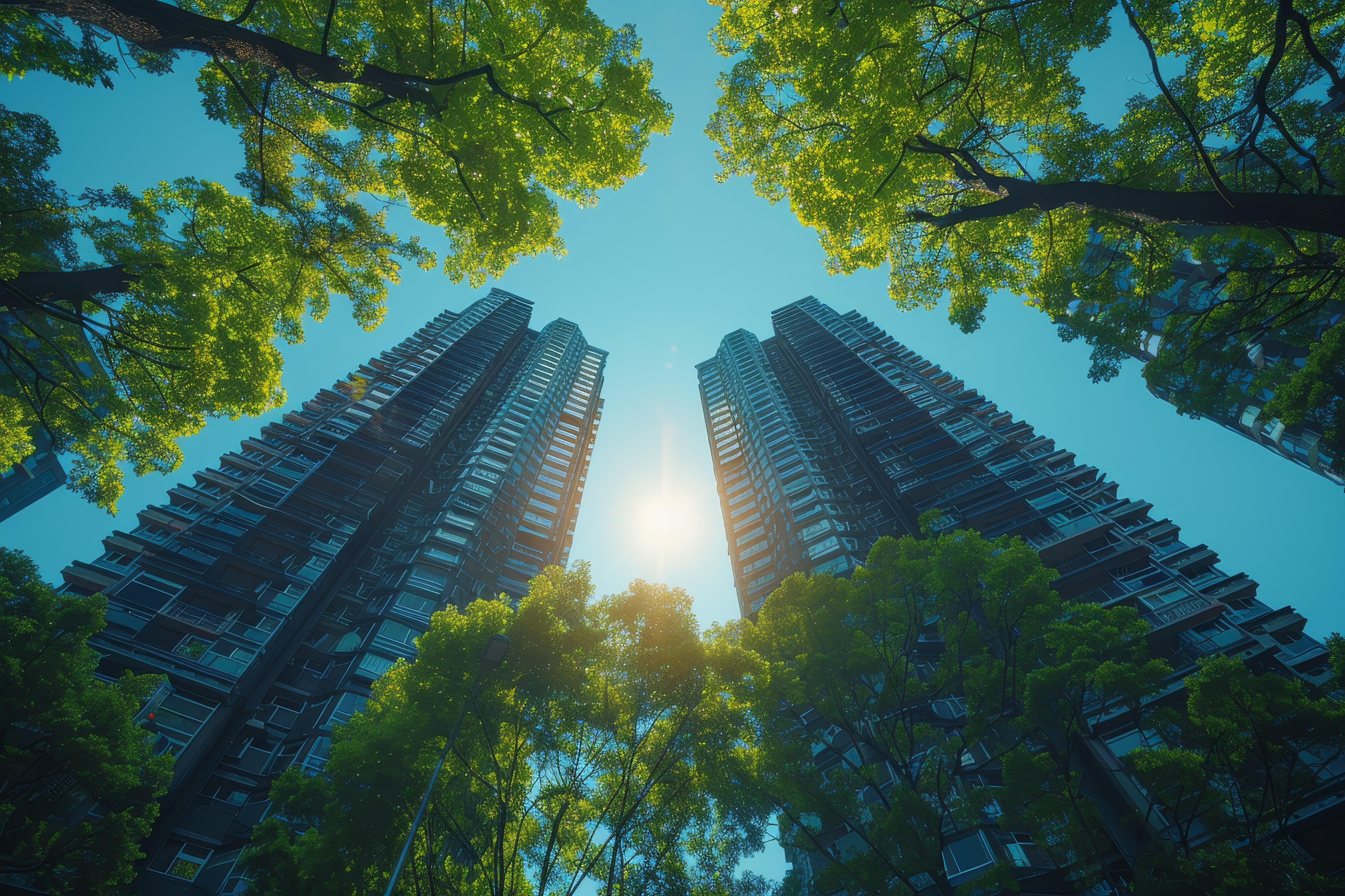 Tall apartment buildings framed by green trees, viewed from ground level with a bright blue sky and sunflare in the center.