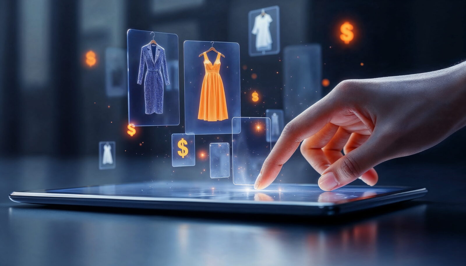 Hand hovers over a tablet displaying holographic clothing options, including a blue dress and an orange gown, in a futuristic shopping UI.