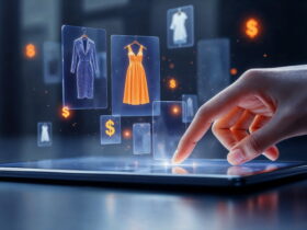 Hand hovers over a tablet displaying holographic clothing options, including a blue dress and an orange gown, in a futuristic shopping UI.
