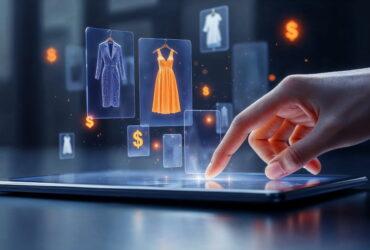 Hand hovers over a tablet displaying holographic clothing options, including a blue dress and an orange gown, in a futuristic shopping UI.