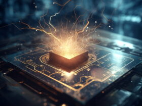 Glowing orange sparks erupt from a small chip on a dark, high-tech circuit board, suggesting advanced electronics or a startup in AI hardware.