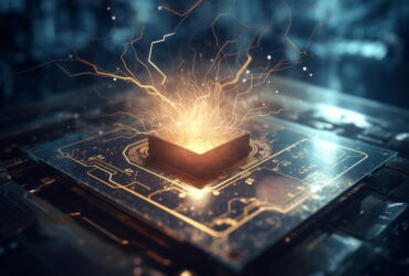 Glowing orange sparks erupt from a small chip on a dark, high-tech circuit board, suggesting advanced electronics or a startup in AI hardware.