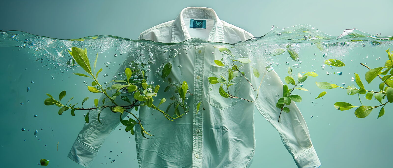 White button-up shirt floating underwater with green leaves entwined around it, bubbles rising in a teal background—symbolizing nature and clothing intersecting.