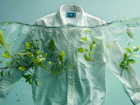 White button-up shirt floating underwater with green leaves entwined around it, bubbles rising in a teal background—symbolizing nature and clothing intersecting.