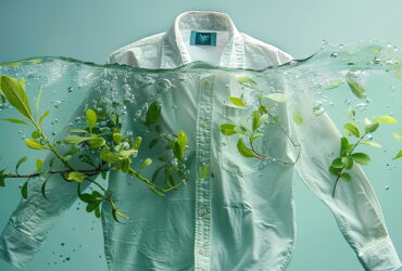 White button-up shirt floating underwater with green leaves entwined around it, bubbles rising in a teal background—symbolizing nature and clothing intersecting.