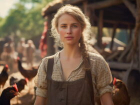 Young woman farmer in a beige shirt and apron stands among chickens in a sunny farmyard.