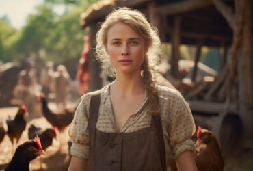 Young woman farmer in a beige shirt and apron stands among chickens in a sunny farmyard.
