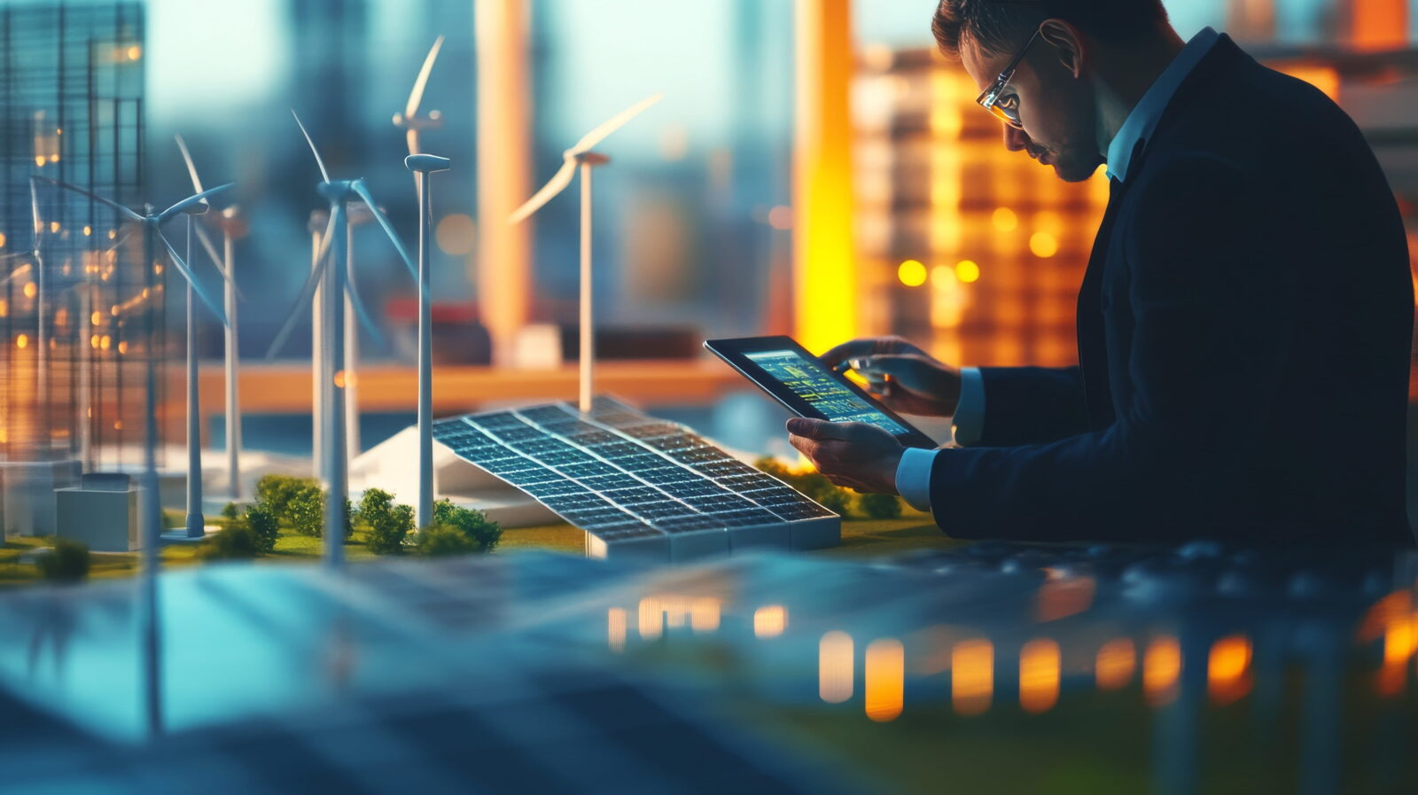 Businessperson in a suit analyzes energy data on a tablet beside solar panel and wind turbine models in a modern lab setting.