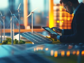 Businessperson in a suit analyzes energy data on a tablet beside solar panel and wind turbine models in a modern lab setting.