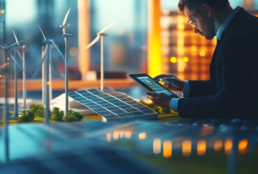 Businessperson in a suit analyzes energy data on a tablet beside solar panel and wind turbine models in a modern lab setting.