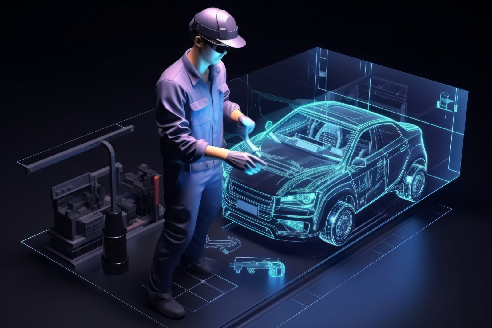 Engineer in a purple protective suit and cap, wearing safety glasses, manipulating a neon blue holographic car blueprint in a dark workshop.