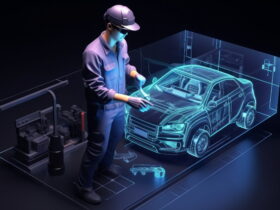 Engineer in a purple protective suit and cap, wearing safety glasses, manipulating a neon blue holographic car blueprint in a dark workshop.