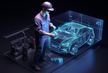 Engineer in a purple protective suit and cap, wearing safety glasses, manipulating a neon blue holographic car blueprint in a dark workshop.