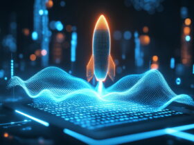 Neon blue rocket launching upward from a glowing digital grid in a futuristic scene