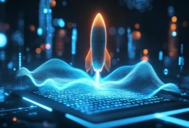 Neon blue rocket launching upward from a glowing digital grid in a futuristic scene