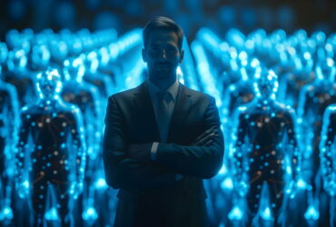 Man in a dark suit with arms crossed, standing in front of a crowd of glowing blue holographic figures.