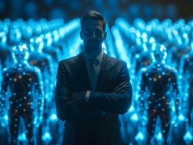 Executive in a dark suit with arms crossed, standing among glowing blue holographic silhouettes.