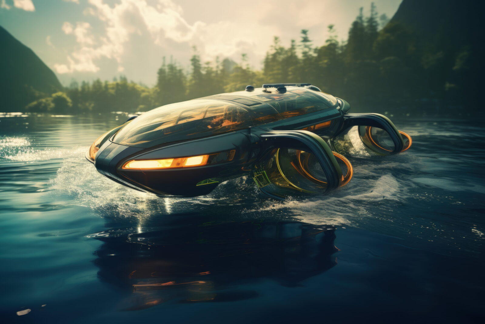 Futuristic glassy hydrofoil boat skimming a calm lake with a forested backdrop and mountains in the distance.